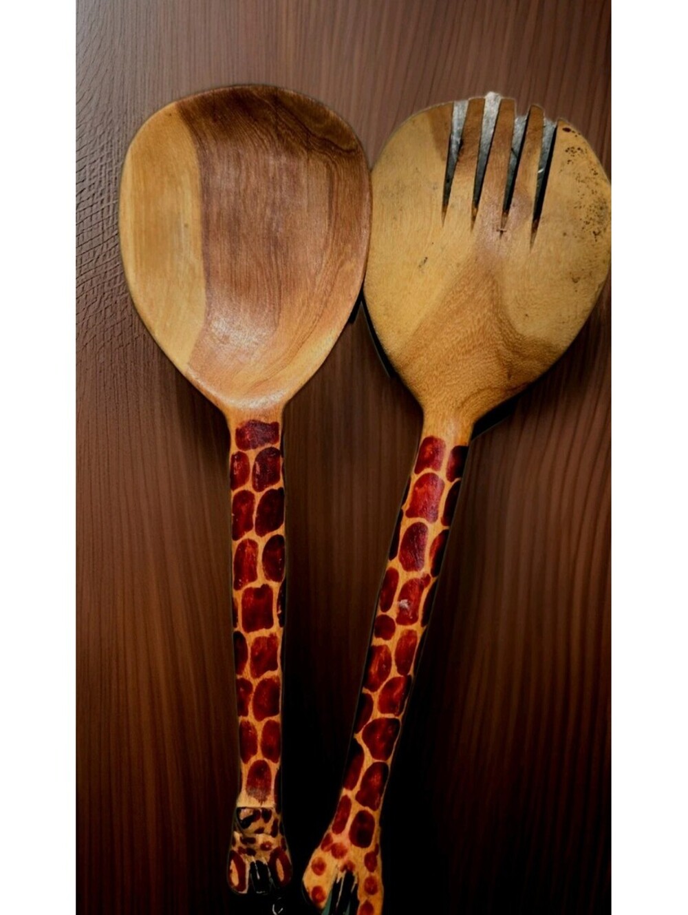 Hand Carved Wood Giraffe Salad Spoon & Fork Utensil Set